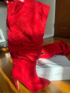 Elegant Collection Red Suede Slouch Knee-High Stiletto Boots - Women